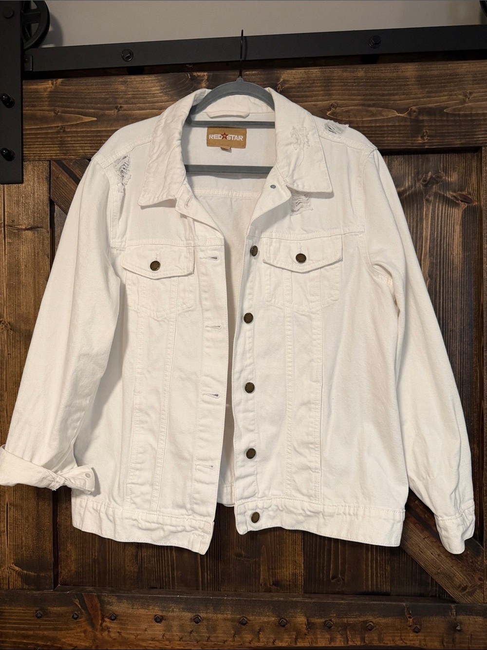 Red Star White Distressed Denim Jacket - Women's Lightweight Jean Coat Loose Fit